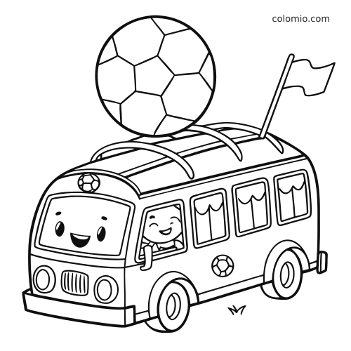 Ônibus de time de futebol em estilo cartoon, com rosto sorridente, motorista na janela, bola no teto e bandeira.