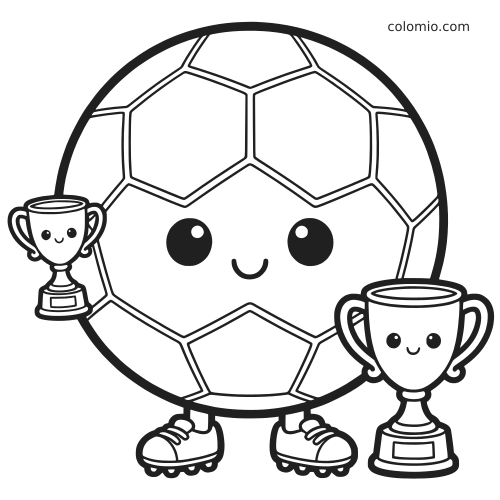 Bola de futebol kawaii com rosto sorridente, chuteiras e dois troféus em arte de linha simples em preto e branco.