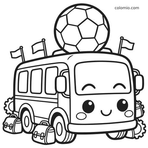 Ônibus de time de futebol em estilo kawaii, com rosto sorridente, bola no teto, bandeirinhas e mochilas em contorno simples.