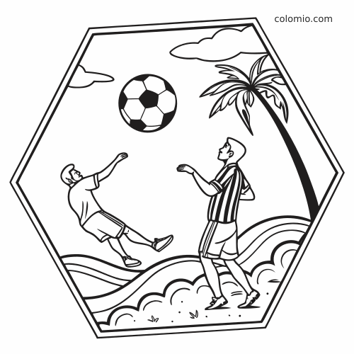 Dessin au trait de deux joueurs de football sur une plage, avec un ballon en l’air, un palmier et des vagues.