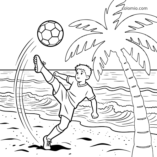 Un garçon fait un retourné acrobatique en jouant au football de plage, avec un ballon, des vagues et un palmier en arrière-plan.