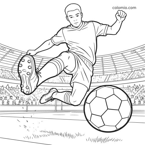 Un footballeur réalise un retourné acrobatique dans un stade, en gros plan, avec un grand ballon au premier plan.