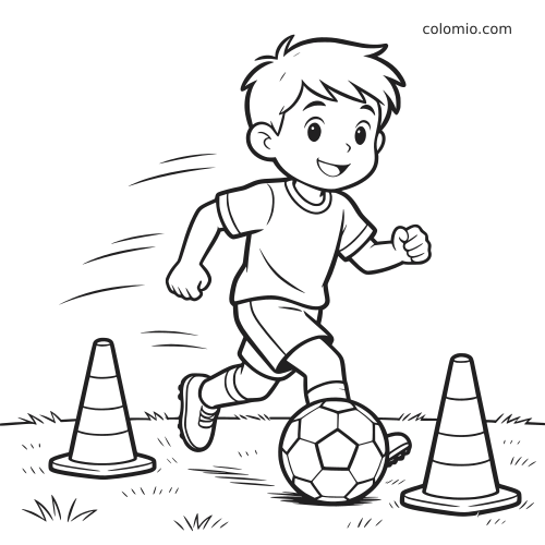 Un jeune footballeur de style dessin animé dribble un ballon entre deux cônes d’entraînement, en noir et blanc.