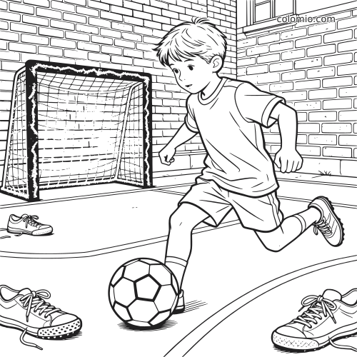 Um menino em estilo cartoon conduz uma bola de futebol em uma quadra de bairro, com gol, paredes de tijolo e tênis marcando a área.