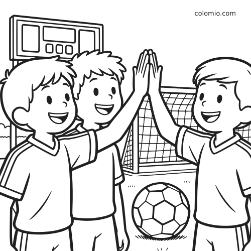 Trois coéquipiers de football en style cartoon se tapent dans la main devant le but, avec un ballon et un tableau d’affichage derrière eux.