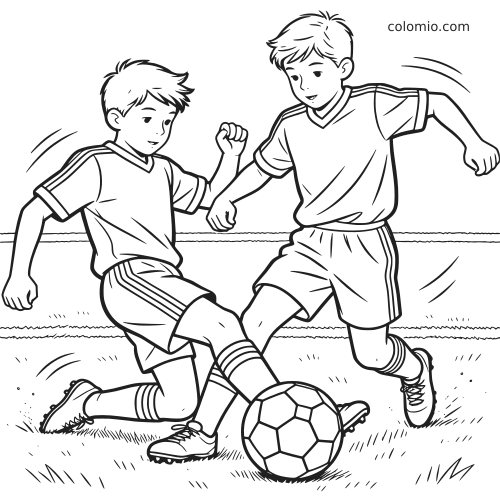 Dessin au trait en noir et blanc de deux jeunes joueurs de football en action, avec un tacle glissé sur le terrain et le ballon au premier plan.
