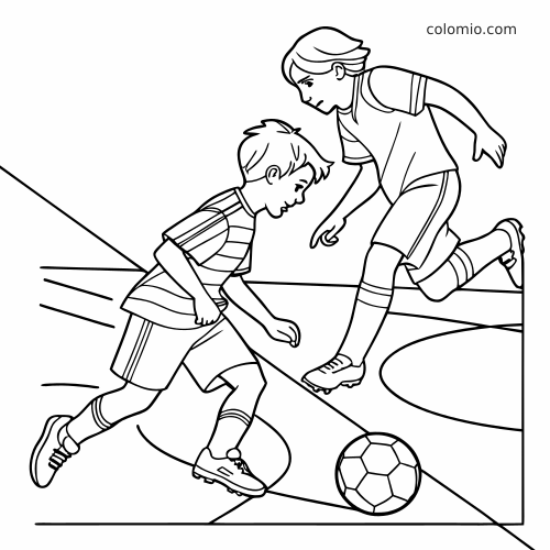 Dessin au trait en noir et blanc de deux jeunes joueurs de football en action, près du ballon sur le terrain.