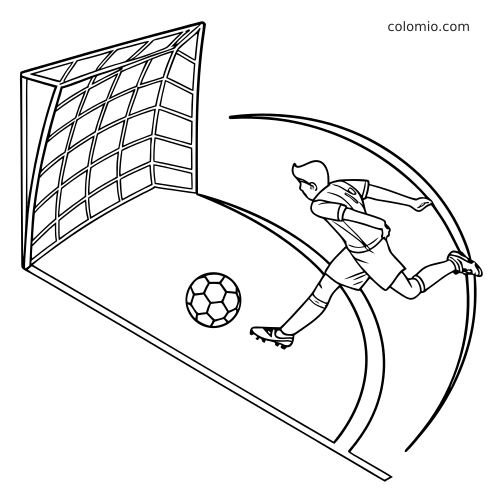 Dessin au trait en noir et blanc d’un joueur de foot tirant un corner, avec le ballon et le but visibles en vue rapprochée.
