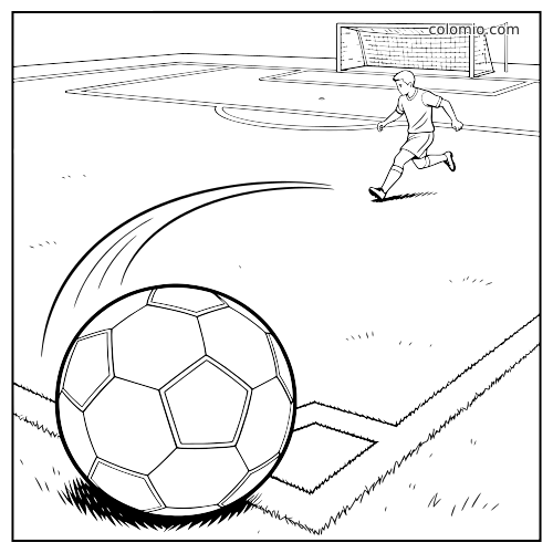 Page de coloriage en noir et blanc montrant un ballon de football en gros plan au coin du terrain, avec un joueur qui s’élance pour tirer.