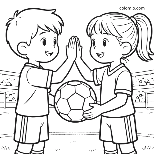 Un garçon et une fille en tenue de football se tapent dans la main sur le terrain, avec un ballon entre eux dans un stade.
