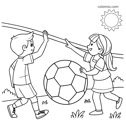 Un garçon et une fille en dessin se tapent dans la main à côté d’un grand ballon de football sur un terrain ensoleillé.
