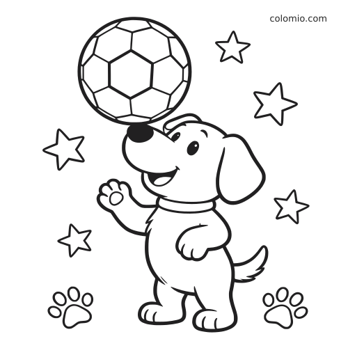 Un chiot en dessin contour fait tenir un ballon de football sur son museau, entouré d’étoiles et d’empreintes de pattes.