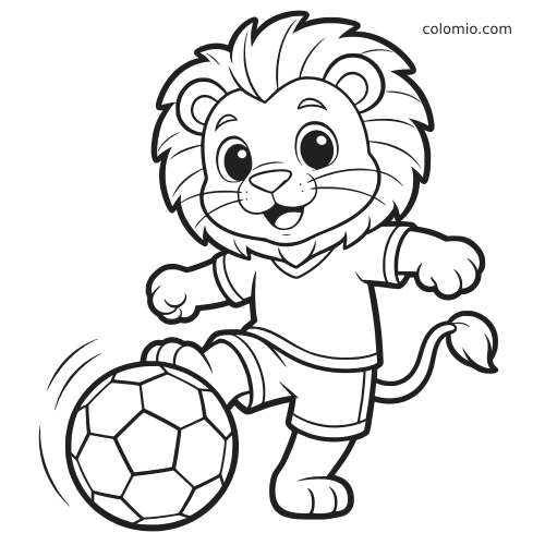 Un lion de dessin animé en maillot et short de football sourit en donnant un coup de pied dans un grand ballon.