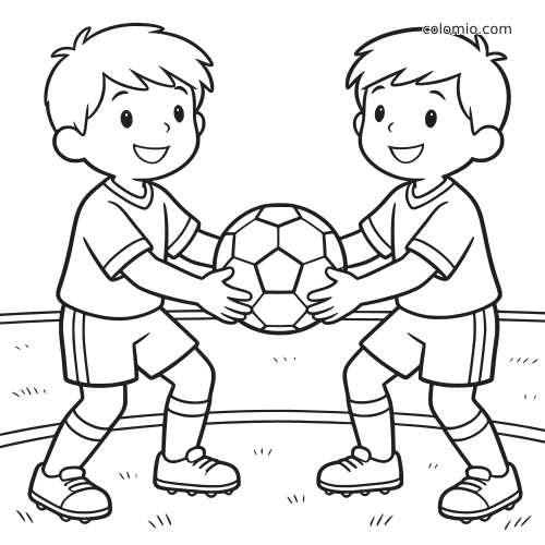 Deux jeunes joueurs de football souriants se font une passe avec un ballon sur un terrain, dans un style dessin simple.