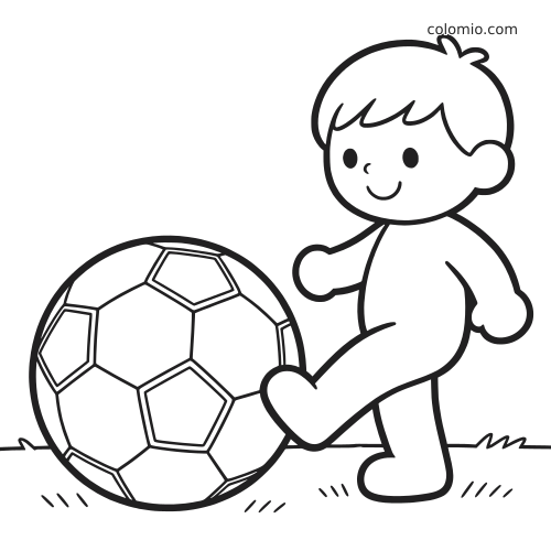 Un enfant souriant en style cartoon donne un coup de pied dans un grand ballon de football sur l’herbe.