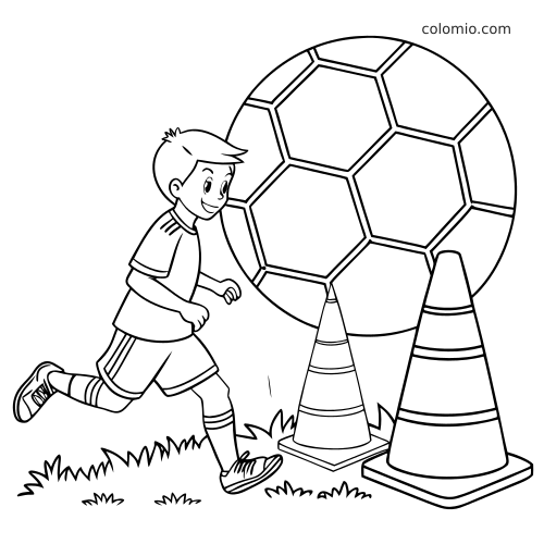 Un jeune footballeur en style dessin animé dribble un très grand ballon de football entre des cônes d’entraînement, en noir et blanc.