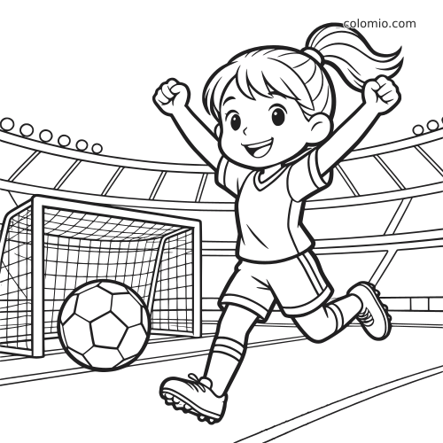 Une jeune footballeuse en dessin animé lève les bras de joie près du but et du ballon sur un terrain de stade.