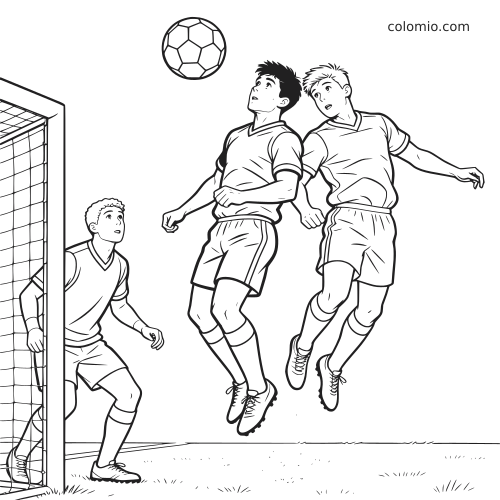 Dessin en noir et blanc de deux joueurs de football sautant pour un duel de tête devant le but, avec un gardien qui regarde le ballon.