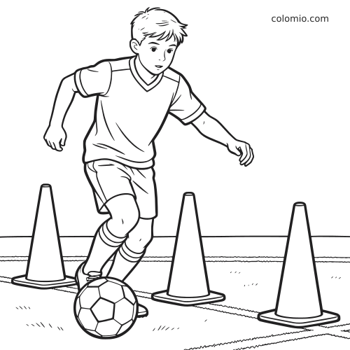 Dessin au trait en noir et blanc d’un jeune milieu de terrain de football dribblant un ballon entre des cônes d’entraînement.