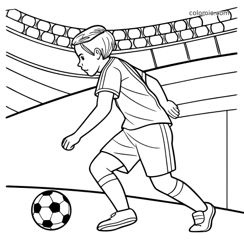 Un jeune attaquant de football vu de profil court vers le ballon dans un stade, dessiné en contours noirs simples.