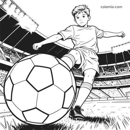 Vue en gros plan réaliste d’un jeune attaquant de football frappant un grand ballon dans un stade éclairé de nuit.