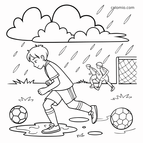 Page de coloriage en noir et blanc montrant un garçon qui joue au football sous la pluie, court dans des flaques, avec un but et deux joueurs derrière.