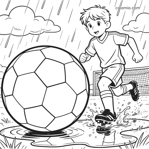 Un jeune joueur de foot souriant court sous la pluie dans une flaque, avec un grand ballon au premier plan et un but derrière lui.