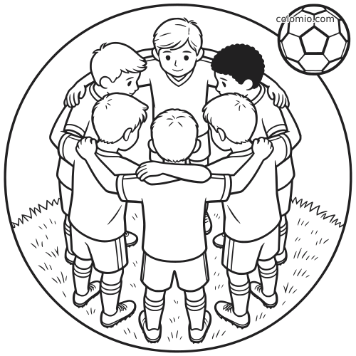 Dessin en noir et blanc de six joueurs de football formant un cercle sur le terrain avant le coup d’envoi, avec un ballon en haut à droite.