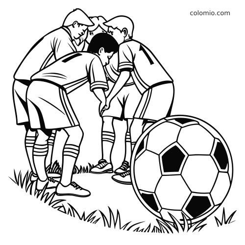 Page de coloriage en noir et blanc montrant quatre joueurs de football réunis en cercle, avec un grand ballon au premier plan.