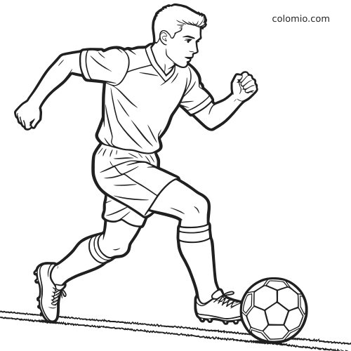 Ilustração em preto e branco de um jogador de futebol correndo com a bola em pose de ação no campo.