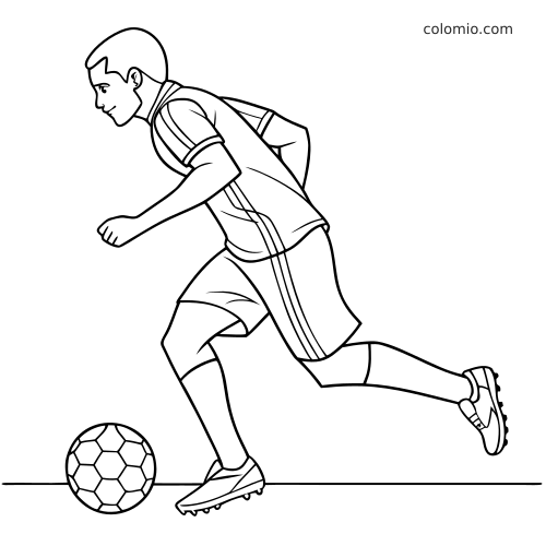 Ilustração em preto e branco de um jogador de futebol visto de lado, correndo em direção à bola, com uniforme e chuteiras.