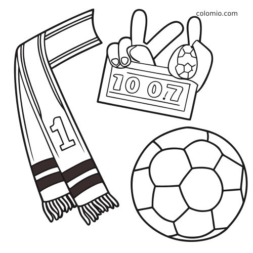 Ilustração em preto e branco com cachecol de campeão, mãos de espuma de torcida, placa de placar e bola de futebol.