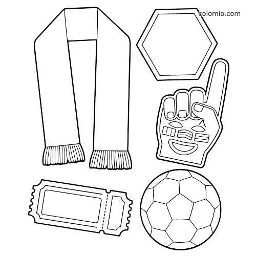 Contorno em preto e branco de um cachecol de torcida, uma mão de espuma, uma bola de futebol, um ingresso e um distintivo.