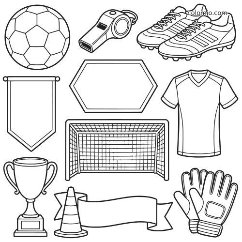 Colagem em preto e branco com itens de futebol, incluindo bola, apito, chuteiras, camisa, gol, troféu, cone e luvas.