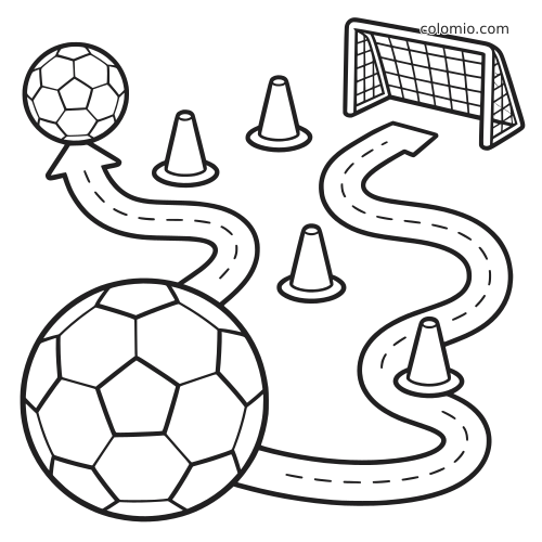 Labirinto simples de futebol em preto e branco com bola grande, caminho sinuoso, cones de treino e um gol no canto superior direito.