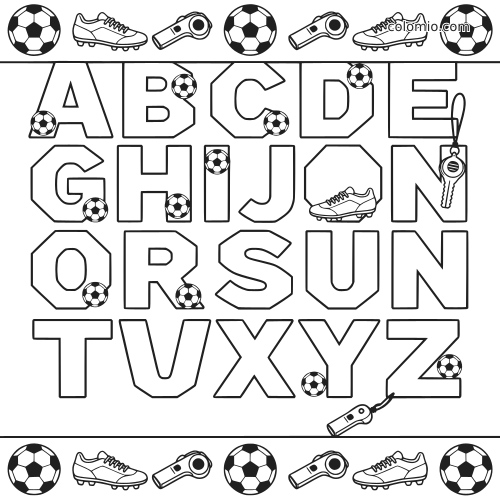 Pôster em preto e branco com letras grandes de A a Z e itens de futebol, como bolas, chuteiras, apitos e chave.