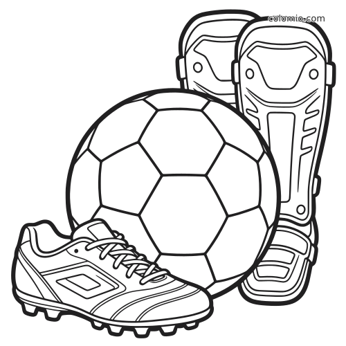 Desenho para colorir em close mostrando uma bola de futebol à frente de várias chuteiras, com contornos simples e marcados.