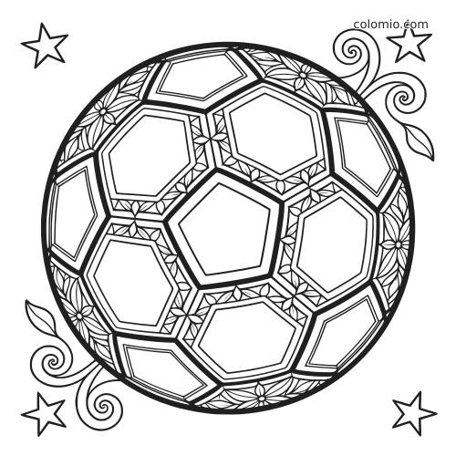 Bola de futebol em preto e branco com estilo mandala, detalhes florais nos gomos, arabescos e estrelas ao redor.
