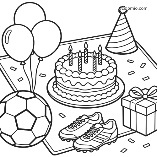 Mesa de festa de aniversário com tema de futebol em preto e branco, com bolo, balões, chapéu de festa, presente, chuteiras e bola.