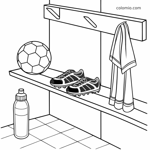 Page de coloriage en noir et blanc montrant des crampons de football sur une étagère de vestiaire, avec un ballon, une serviette et une gourde.