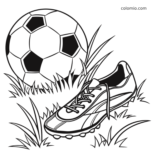Une chaussure de foot à crampons posée dans l’herbe, à côté d’un ballon de football, en dessin noir et blanc.