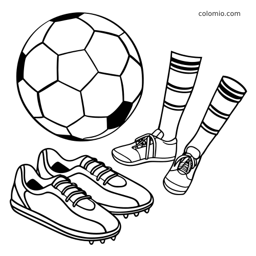 Illustration en noir et blanc montrant des crampons de football, de longues chaussettes rayées et un ballon.