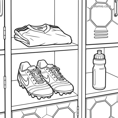 Page de coloriage en noir et blanc montrant des crampons de football sur une étagère de vestiaire, avec un maillot plié au-dessus et une gourde à côté.