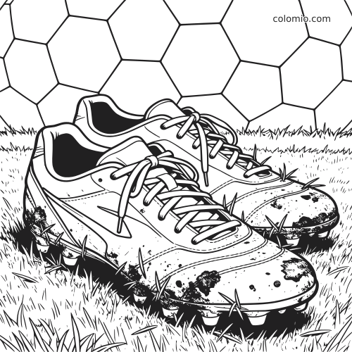 Une paire de crampons de football couverts de boue posés dans l’herbe, avec les crampons visibles et un motif de ballon en arrière-plan.