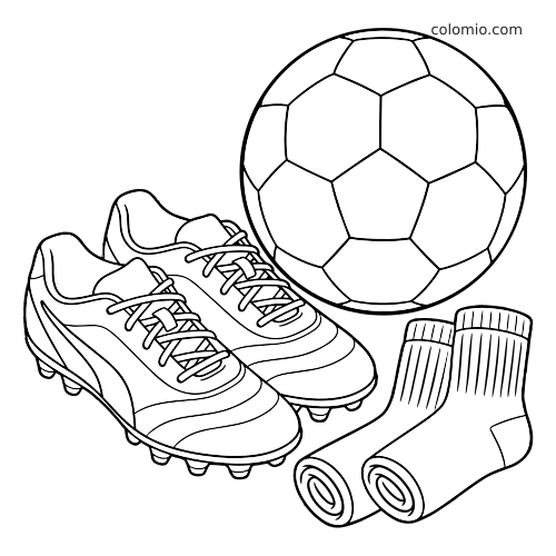 Illustration en noir et blanc montrant une paire de crampons de football, un ballon et des chaussettes roulées.