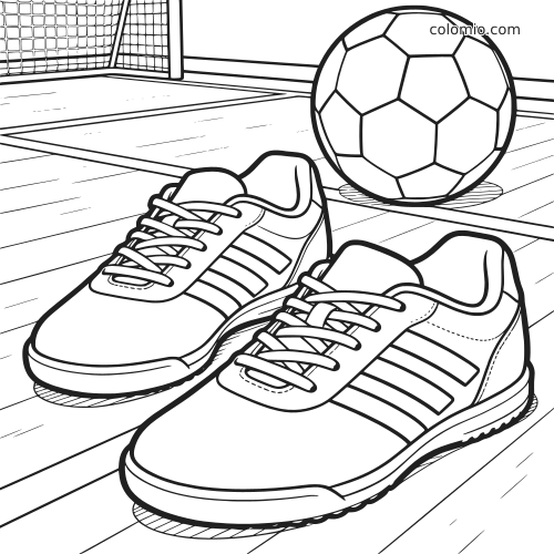 Dessin au trait en noir et blanc de chaussures de futsal en salle sur un terrain, avec un ballon et un but à l’arrière-plan.