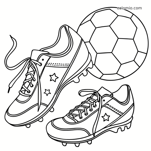 Deux crampons de football à lacets avec motifs étoilés, placés devant un ballon, en dessin au trait noir et blanc.