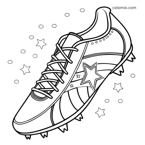 Une chaussure de football vue de côté, avec lacets, crampons et motifs en forme d’étoiles, en contour noir et blanc.
