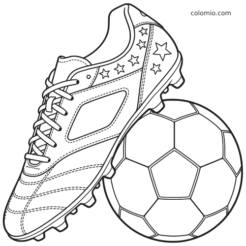 Vue de côté d’une chaussure de football à crampons avec des étoiles, appuyée contre un ballon de foot en contour noir.