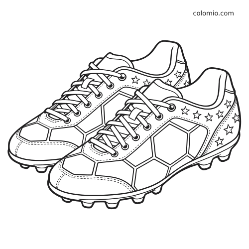 Une paire de crampons de football avec lacets, motifs hexagonaux, étoiles et semelles à crampons, en contour noir et blanc.